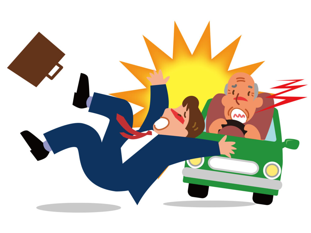 自動車と歩行者の交通事故の瞬間、イラスト画像